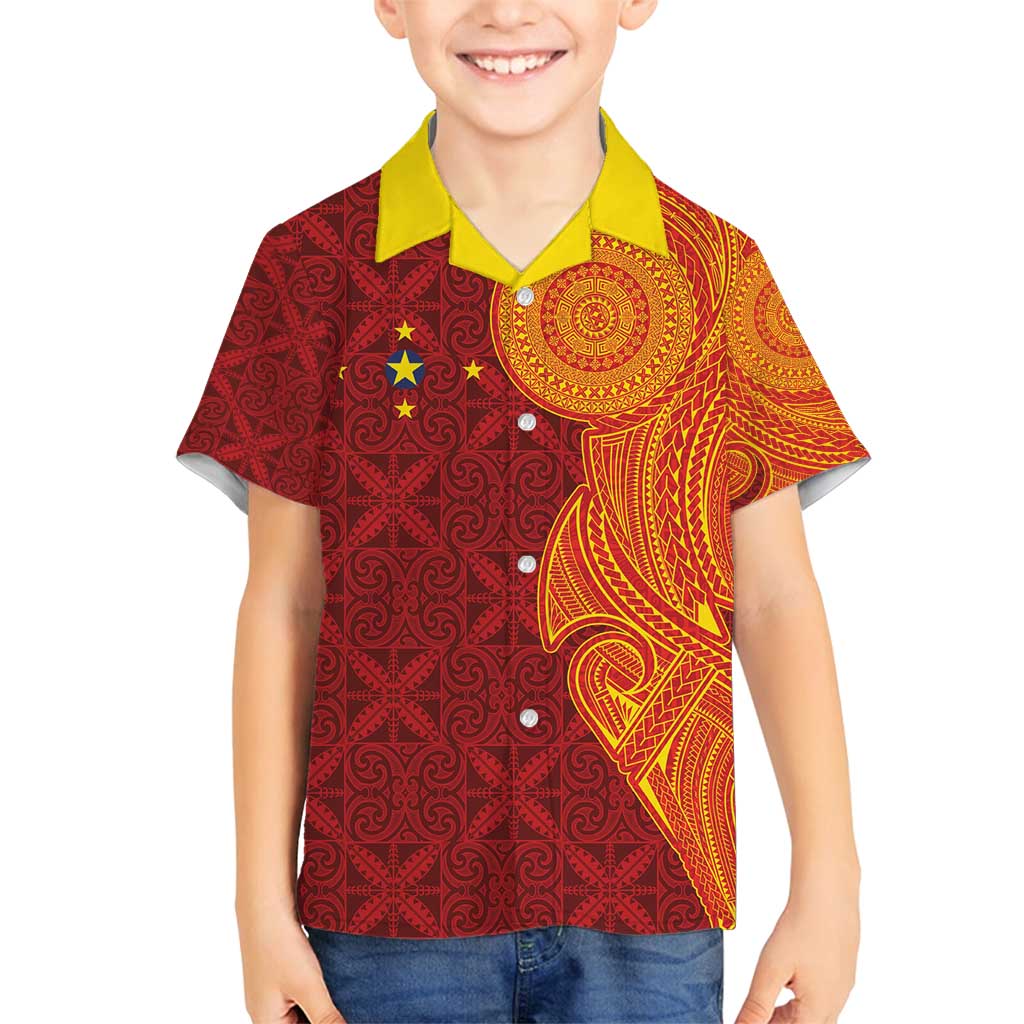 Niue Polynesian Hiapo Tattoo Art Family Matching Long Sleeve Bodycon Dress and Hawaiian Shirt Half Style Red Yellow Color - Polynesian Pride