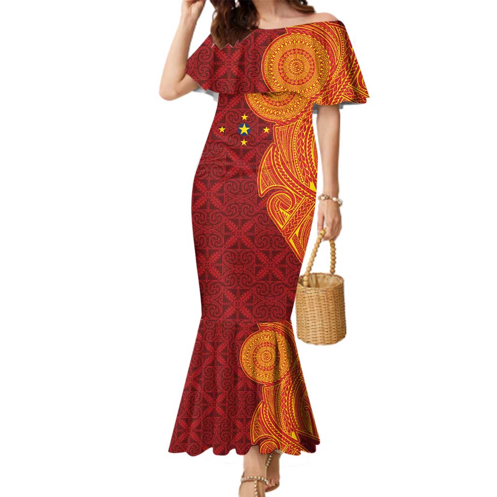 Niue Polynesian Hiapo Tattoo Art Family Matching Mermaid Dress and Hawaiian Shirt Half Style Red Yellow Color - Polynesian Pride