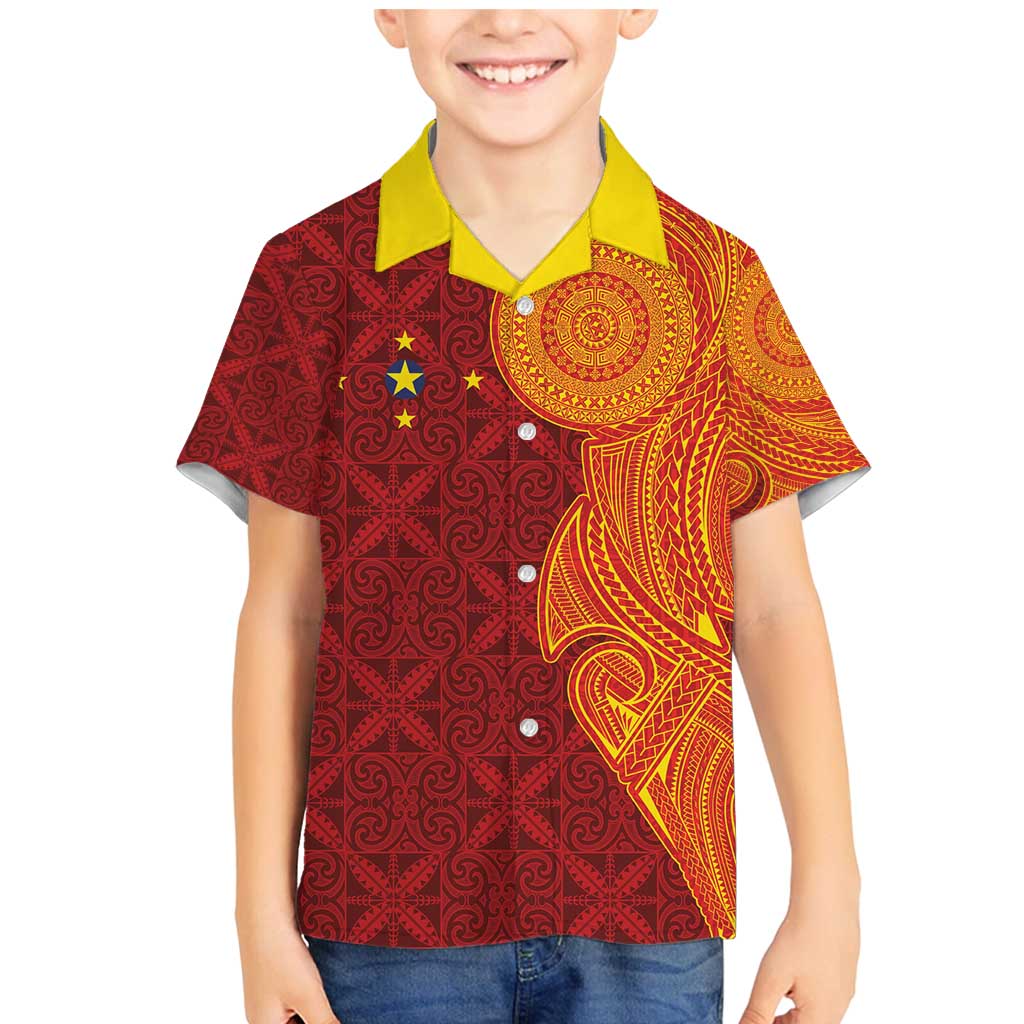 Niue Polynesian Hiapo Tattoo Art Family Matching Mermaid Dress and Hawaiian Shirt Half Style Red Yellow Color - Polynesian Pride