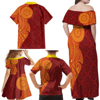 Niue Polynesian Hiapo Tattoo Art Family Matching Off Shoulder Maxi Dress and Hawaiian Shirt Half Style Red Yellow Color - Polynesian Pride