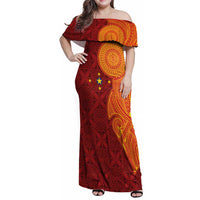 Niue Polynesian Hiapo Tattoo Art Family Matching Off Shoulder Maxi Dress and Hawaiian Shirt Half Style Red Yellow Color - Polynesian Pride