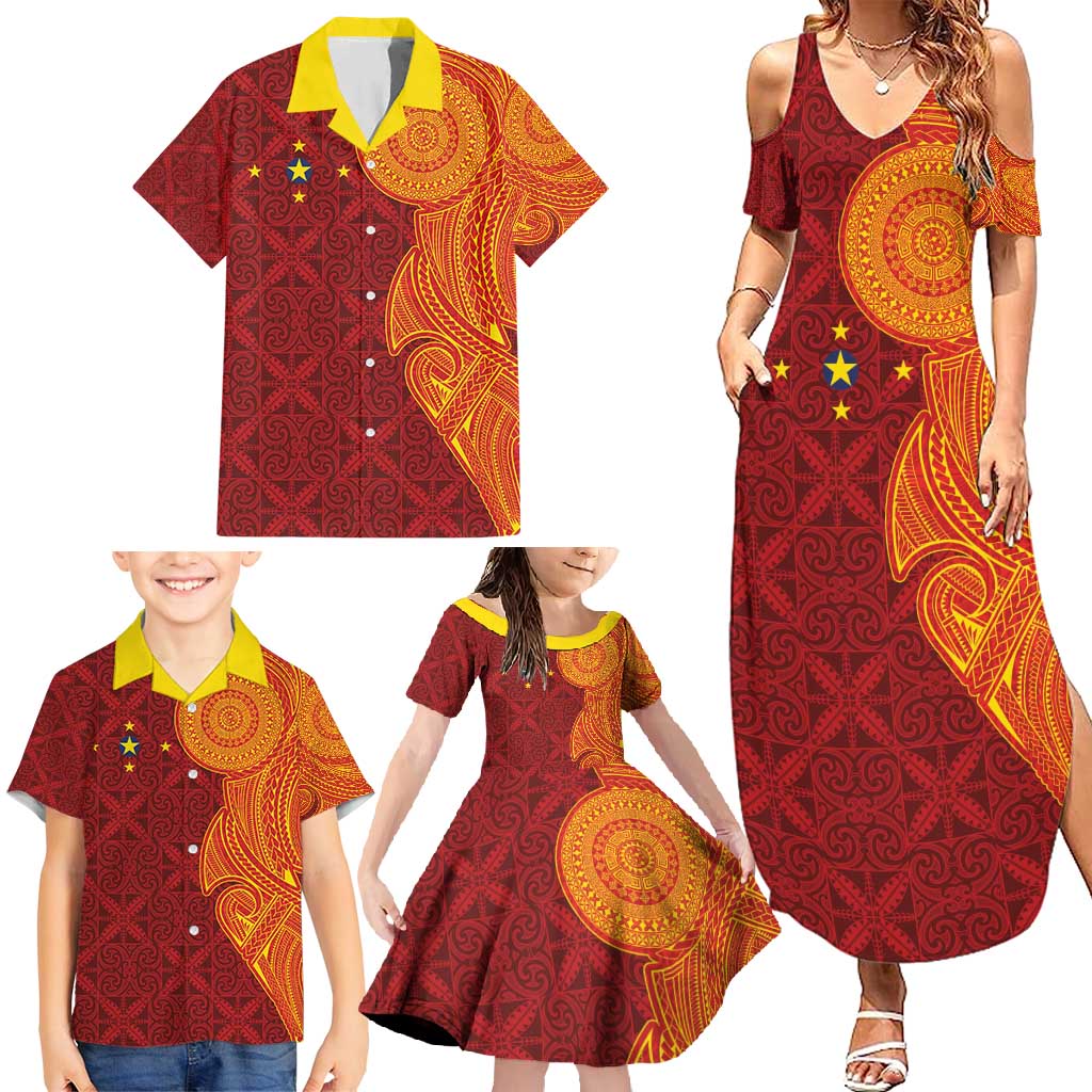 Niue Polynesian Hiapo Tattoo Art Family Matching Summer Maxi Dress and Hawaiian Shirt Half Style Red Yellow Color - Polynesian Pride