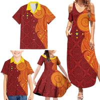 Niue Polynesian Hiapo Tattoo Art Family Matching Summer Maxi Dress and Hawaiian Shirt Half Style Red Yellow Color - Polynesian Pride