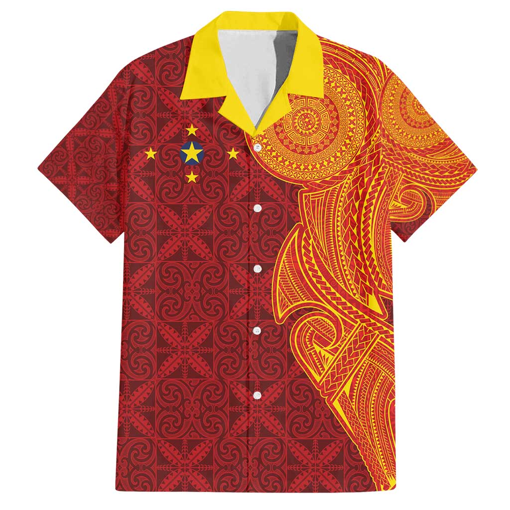 Niue Polynesian Hiapo Tattoo Art Family Matching Tank Maxi Dress and Hawaiian Shirt Half Style Red Yellow Color - Polynesian Pride