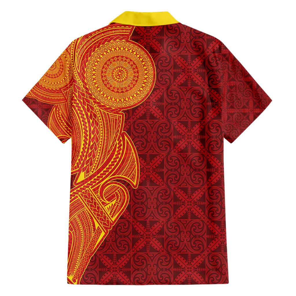 Niue Polynesian Hiapo Tattoo Art Hawaiian Shirt Half Style Red Yellow Color - Polynesian Pride