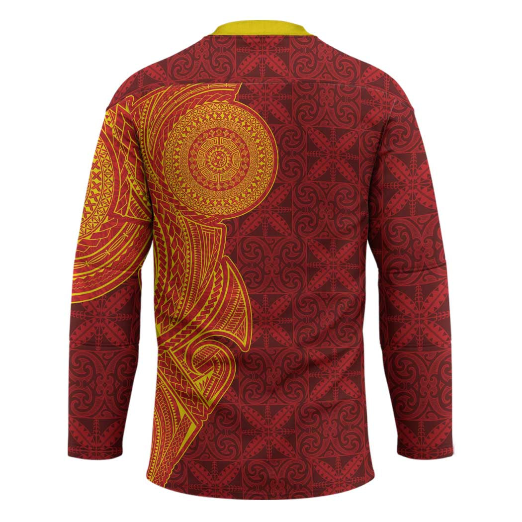 Niue Polynesian Hiapo Tattoo Art Hockey Jersey Half Style Red Yellow Color - Polynesian Pride