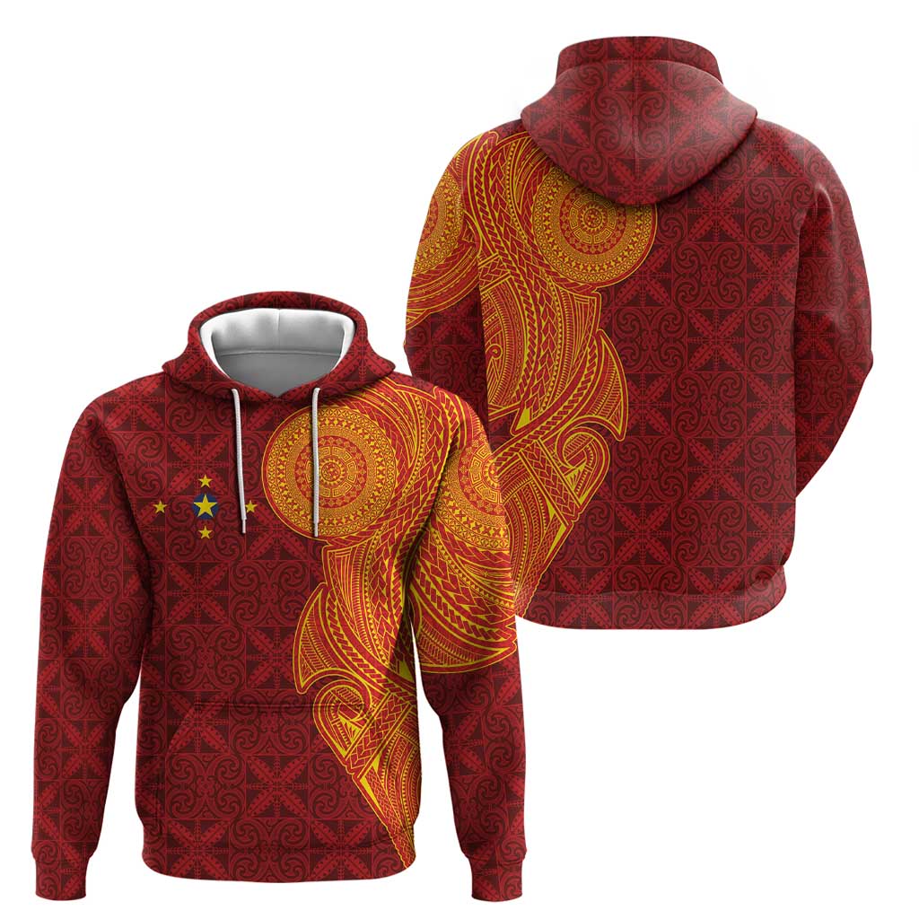 Niue Polynesian Hiapo Tattoo Art Hoodie Half Style Red Yellow Color - Polynesian Pride