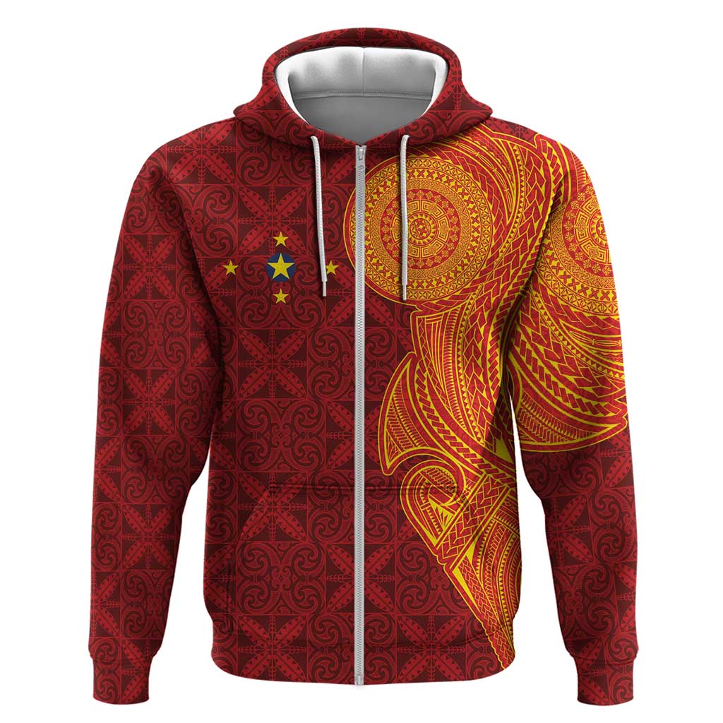 Niue Polynesian Hiapo Tattoo Art Hoodie Half Style Red Yellow Color - Polynesian Pride