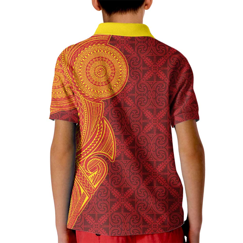 Niue Polynesian Hiapo Tattoo Art Kid Polo Shirt Half Style Red Yellow Color - Polynesian Pride