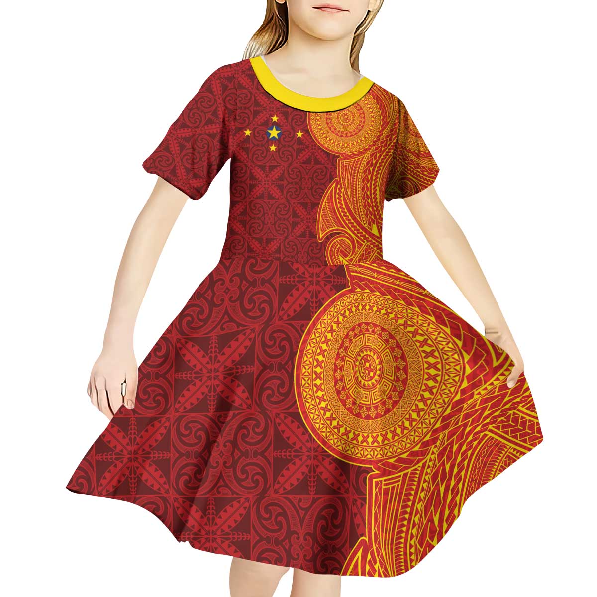 Niue Polynesian Hiapo Tattoo Art Kid Short Sleeve Dress Half Style Red Yellow Color - Polynesian Pride