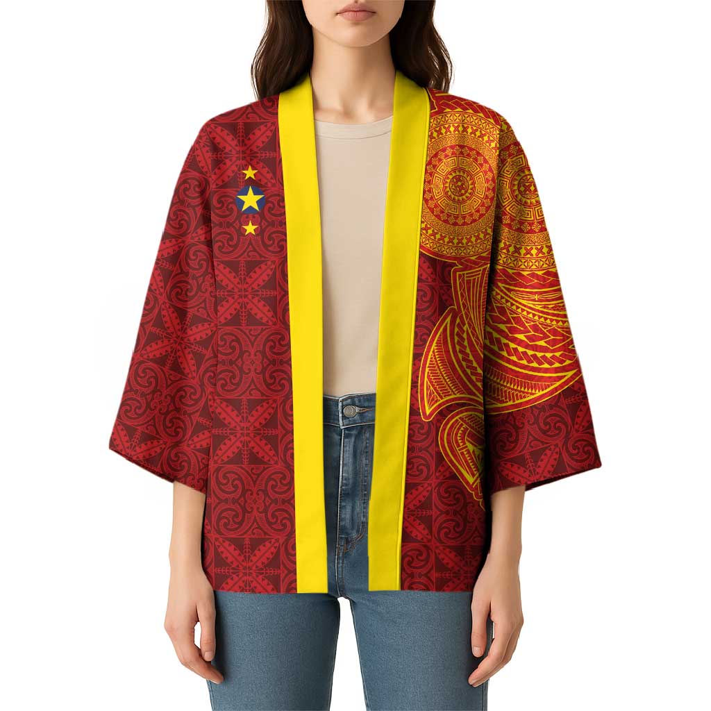 Niue Polynesian Hiapo Tattoo Art Kimono Half Style Red Yellow Color - Polynesian Pride