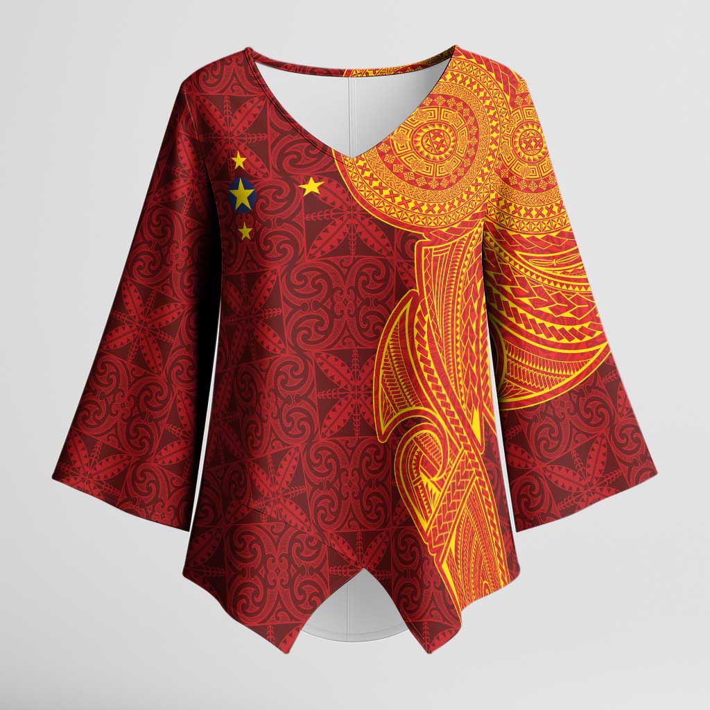 Niue Polynesian Hiapo Tattoo Art Kimono Sleeve Blouse Half Style Red Yellow Color - Polynesian Pride