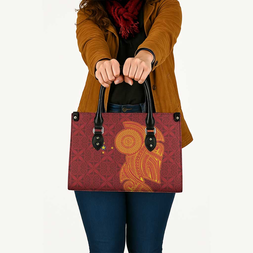 Niue Polynesian Hiapo Tattoo Art Leather Bag Half Style Red Yellow Color - Polynesian Pride