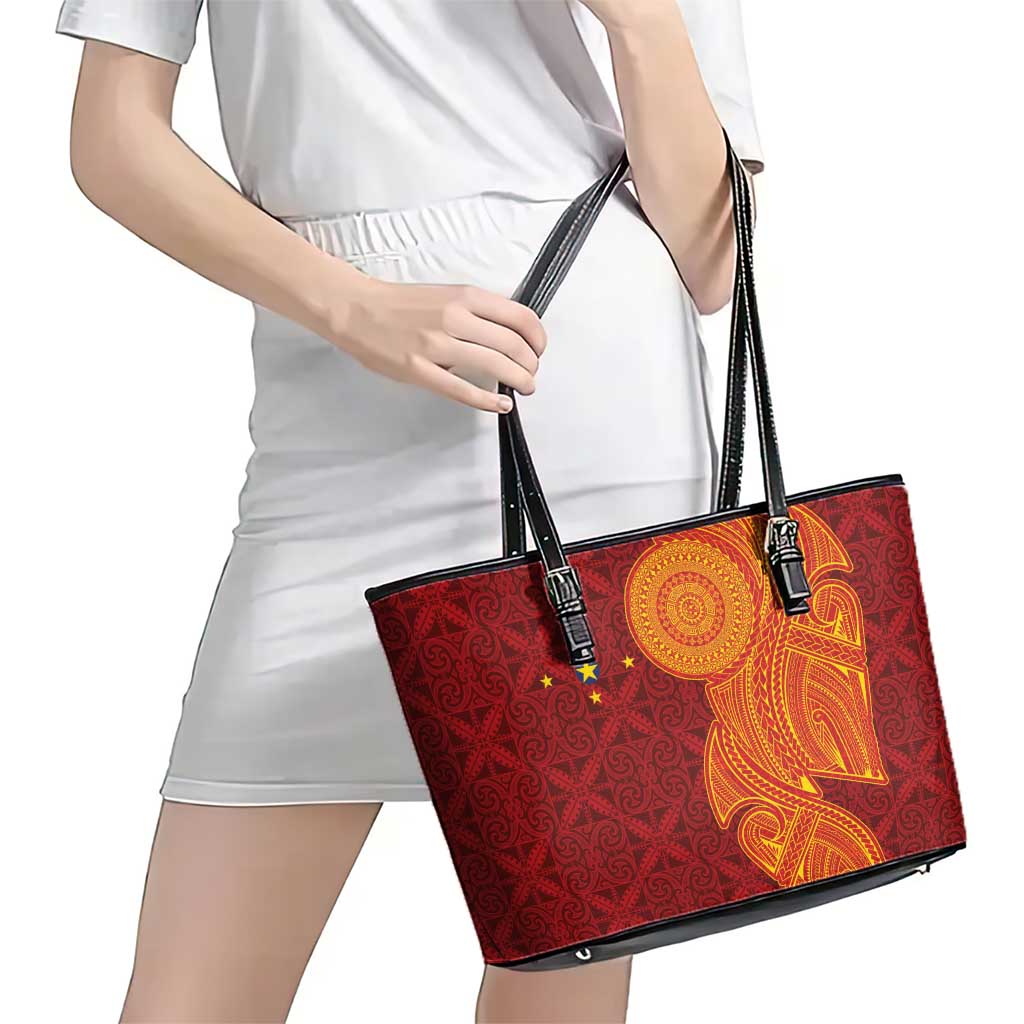 Niue Polynesian Hiapo Tattoo Art Leather Tote Bag Half Style Red Yellow Color - Polynesian Pride
