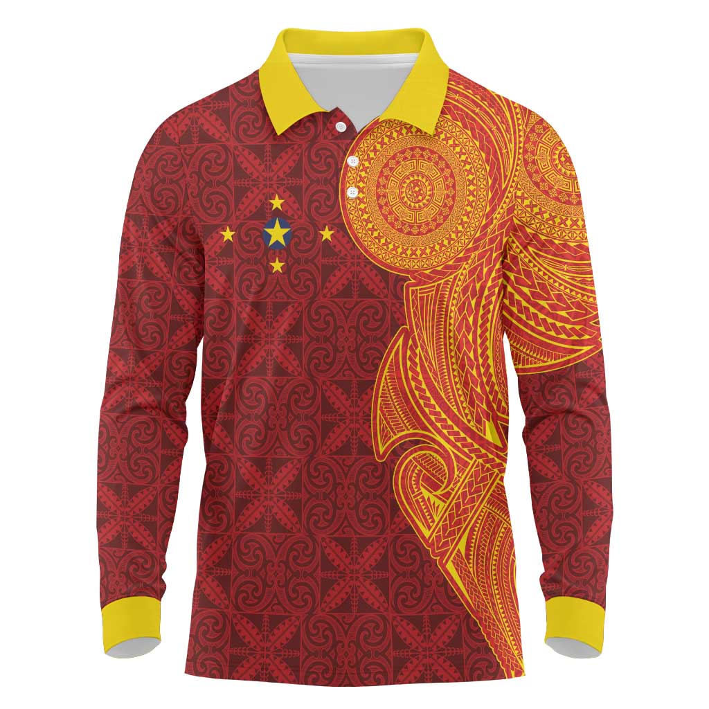 Niue Polynesian Hiapo Tattoo Art Long Sleeve Polo Shirt Half Style Red Yellow Color - Polynesian Pride