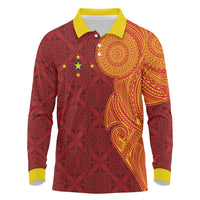 Niue Polynesian Hiapo Tattoo Art Long Sleeve Polo Shirt Half Style Red Yellow Color - Polynesian Pride