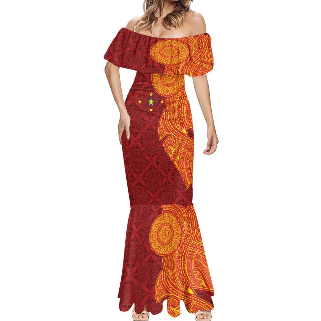 Niue Polynesian Hiapo Tattoo Art Mermaid Dress Half Style Red Yellow Color - Polynesian Pride