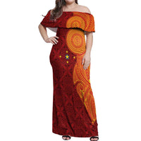 Niue Polynesian Hiapo Tattoo Art Off Shoulder Maxi Dress Half Style Red Yellow Color - Polynesian Pride