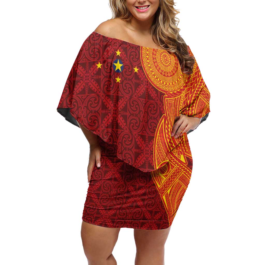 Niue Polynesian Hiapo Tattoo Art Off Shoulder Short Dress Half Style Red Yellow Color - Polynesian Pride