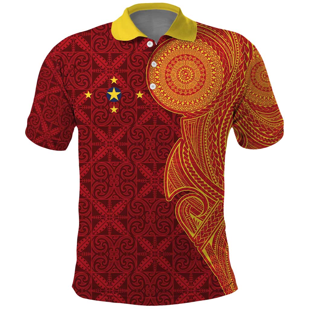 Niue Polynesian Hiapo Tattoo Art Polo Shirt Half Style Red Yellow Color - Polynesian Pride