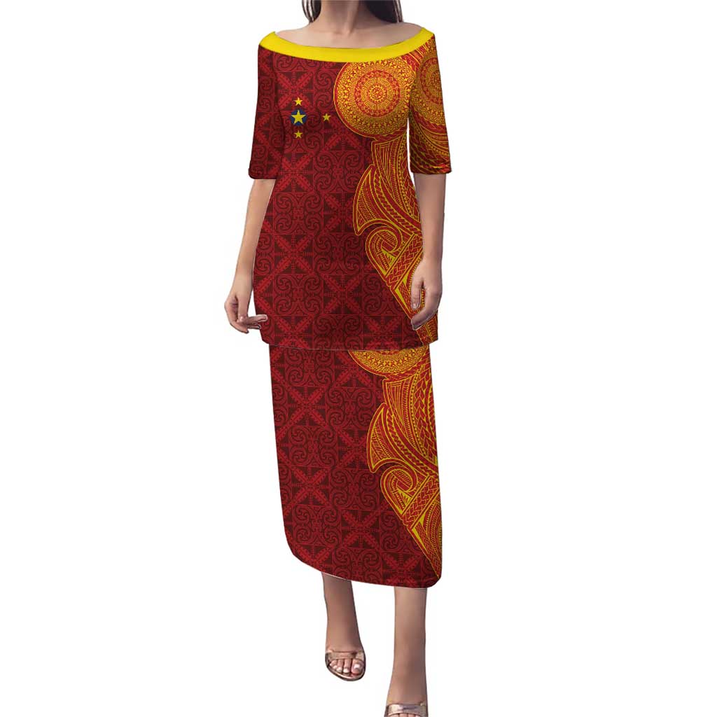 Niue Polynesian Hiapo Tattoo Art Puletasi Half Style Red Yellow Color - Polynesian Pride