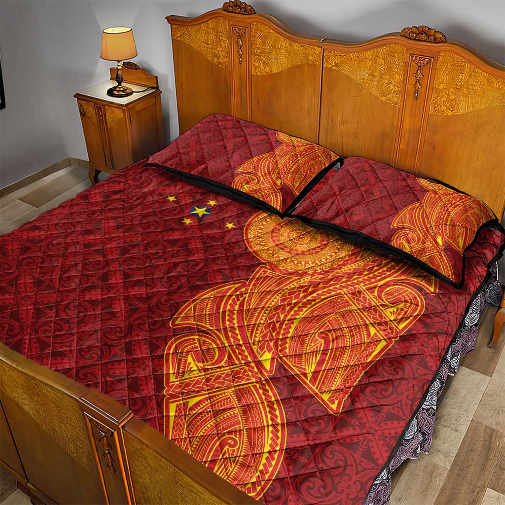 Niue Polynesian Hiapo Tattoo Art Quilt Bed Set Half Style Red Yellow Color - Polynesian Pride