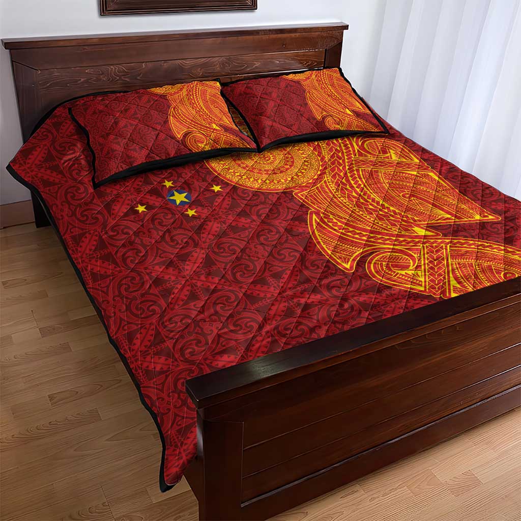 Niue Polynesian Hiapo Tattoo Art Quilt Bed Set Half Style Red Yellow Color - Polynesian Pride