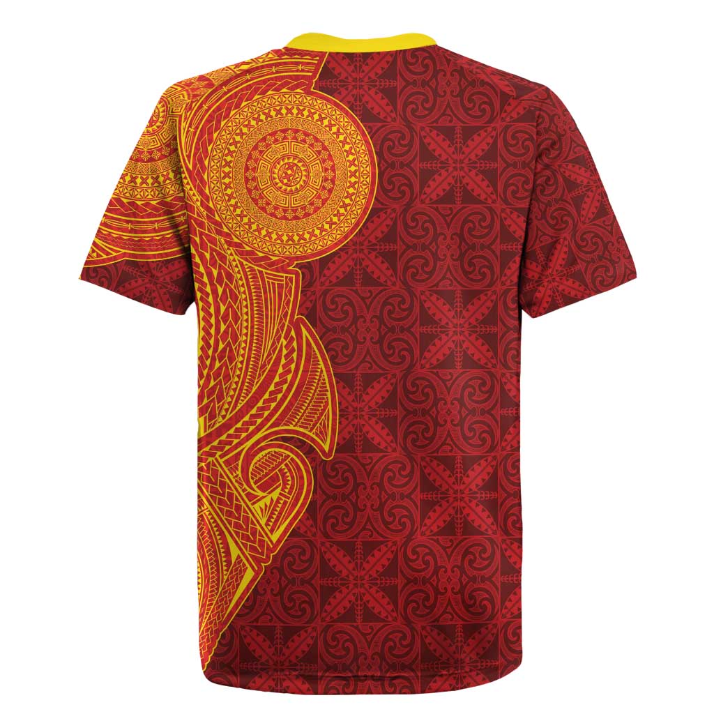 Niue Polynesian Hiapo Tattoo Art Rugby Jersey Half Style Red Yellow Color - Polynesian Pride