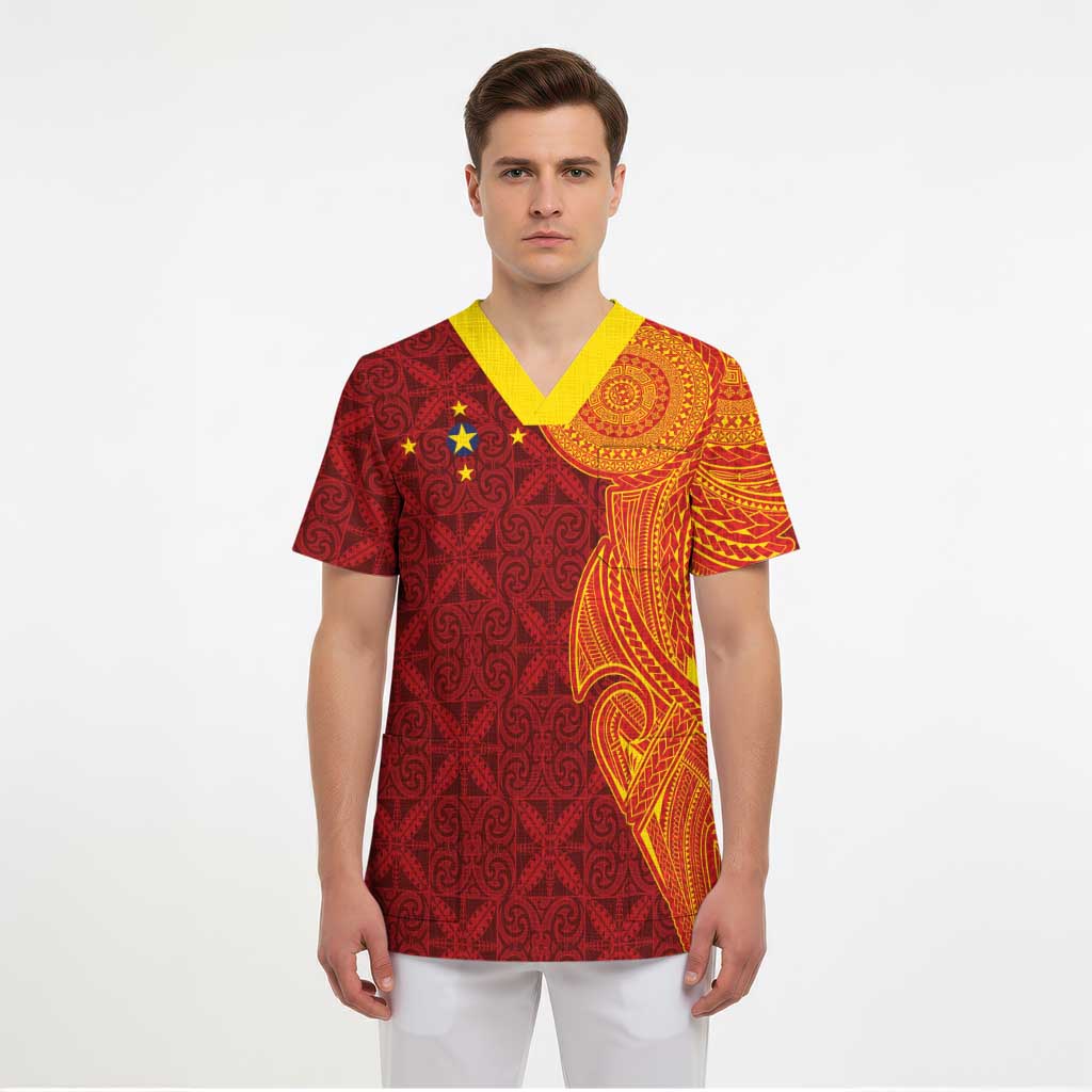 Niue Polynesian Hiapo Tattoo Art Scrub Top Half Style Red Yellow Color - Polynesian Pride