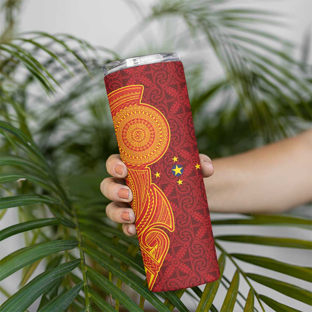 Niue Polynesian Hiapo Tattoo Art Skinny Tumbler Half Style Red Yellow Color - Polynesian Pride