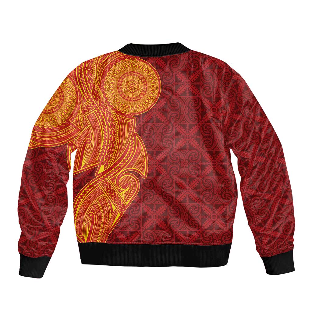 Niue Polynesian Hiapo Tattoo Art Sleeve Zip Bomber Jacket Half Style Red Yellow Color - Polynesian Pride