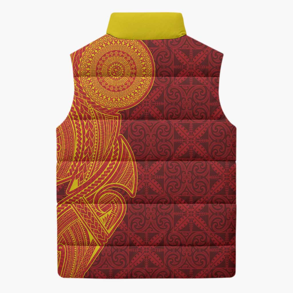Niue Polynesian Hiapo Tattoo Art Sleeveless Puffer Jacket Half Style Red Yellow Color - Polynesian Pride