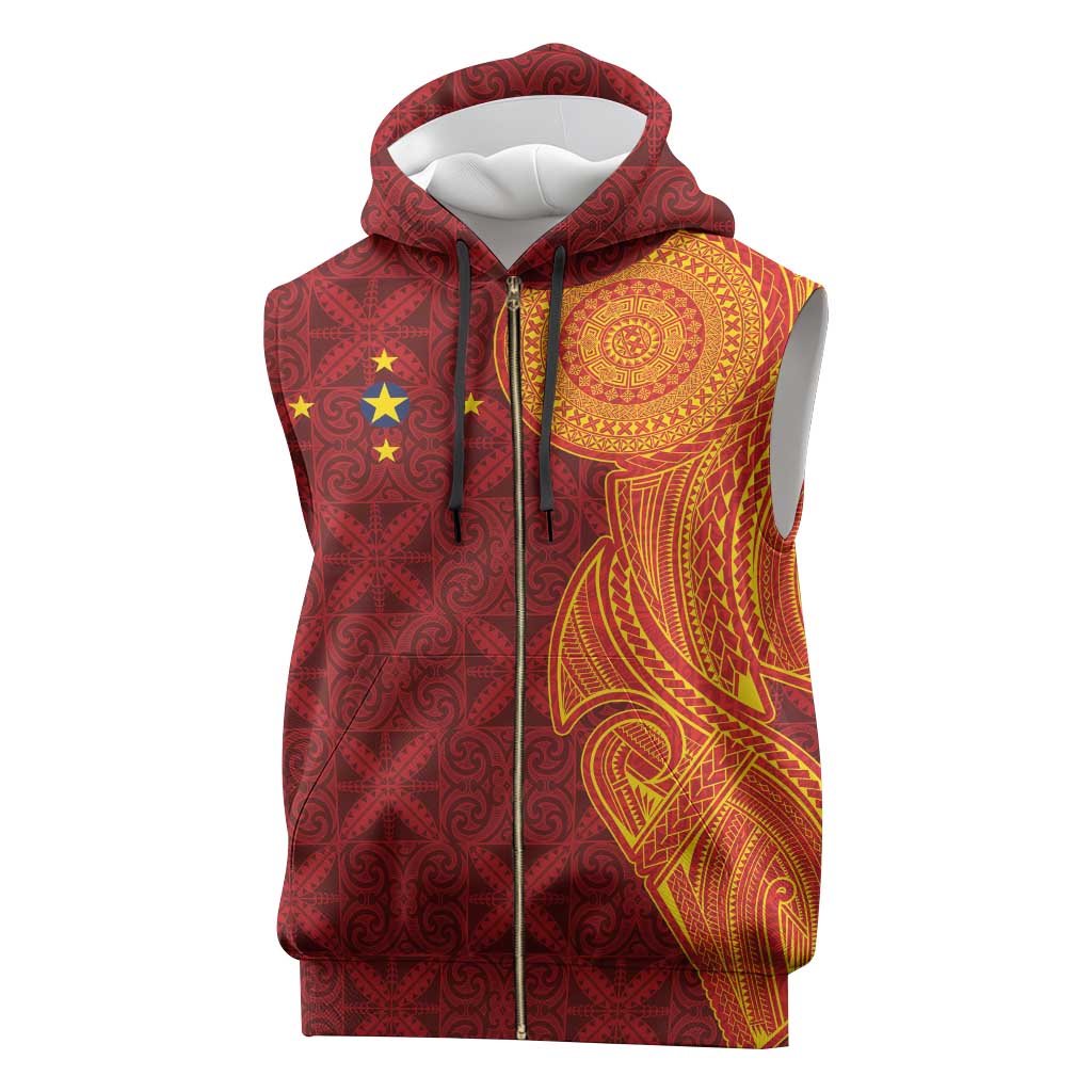Niue Polynesian Hiapo Tattoo Art Sleeveless Zip Hoodie Half Style Red Yellow Color - Polynesian Pride