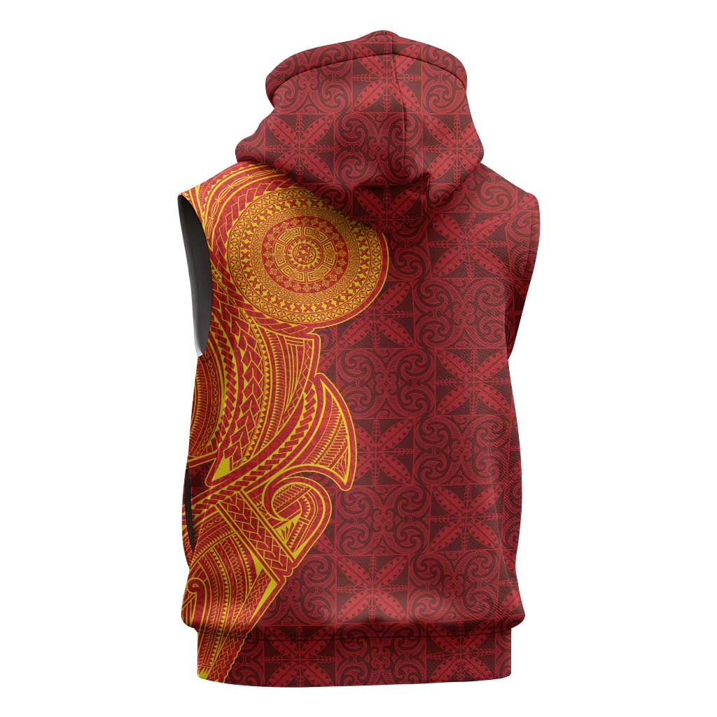 Niue Polynesian Hiapo Tattoo Art Sleeveless Zip Hoodie Half Style Red Yellow Color - Polynesian Pride