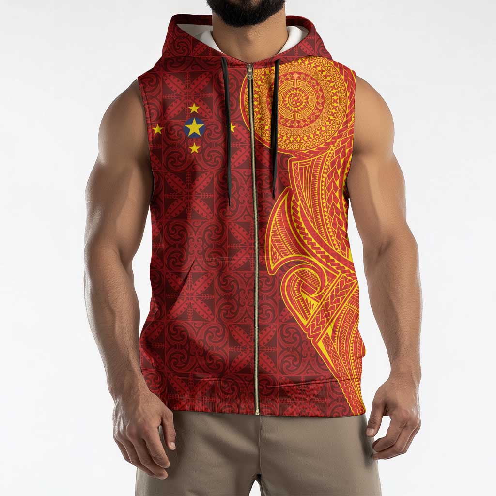 Niue Polynesian Hiapo Tattoo Art Sleeveless Zip Hoodie Half Style Red Yellow Color - Polynesian Pride