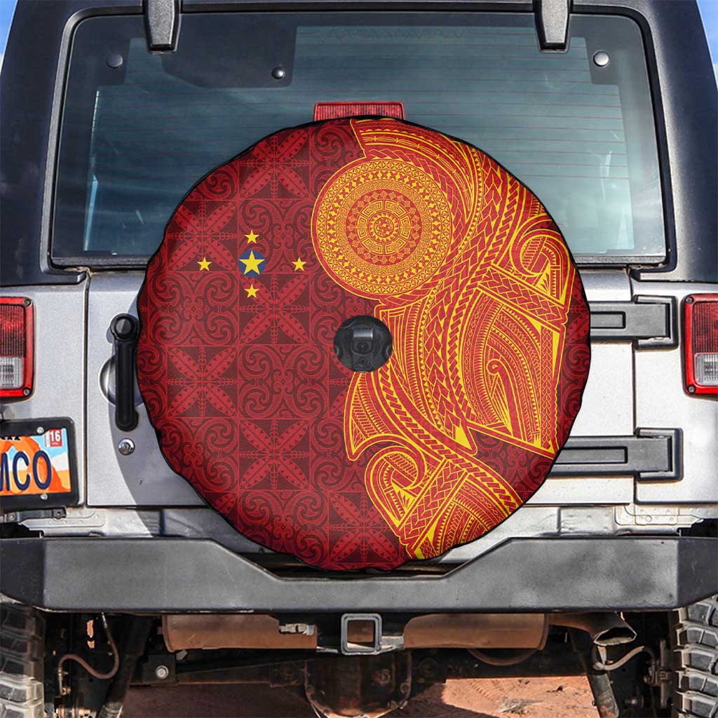 Niue Polynesian Hiapo Tattoo Art Spare Tire Cover Half Style Red Yellow Color - Polynesian Pride