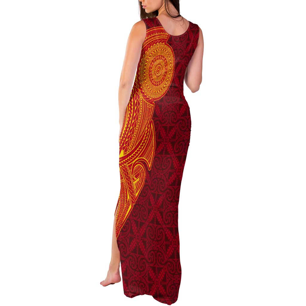 Niue Polynesian Hiapo Tattoo Art Tank Maxi Dress Half Style Red Yellow Color - Polynesian Pride