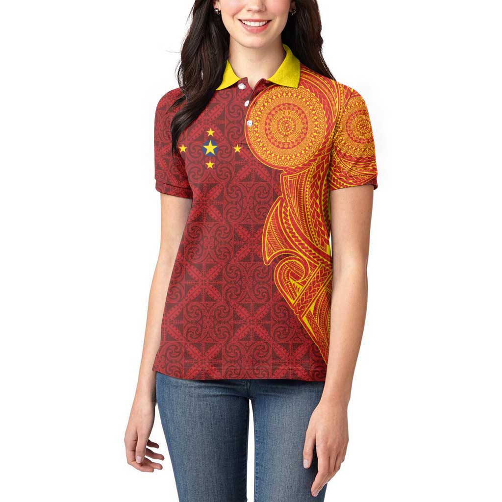 Niue Polynesian Hiapo Tattoo Art Women Polo Shirt Half Style Red Yellow Color - Polynesian Pride