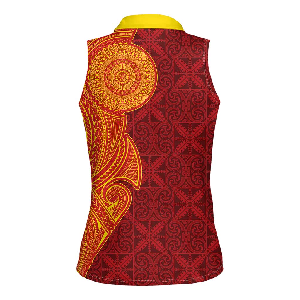 Niue Polynesian Hiapo Tattoo Art Women Sleeveless Polo Shirt Half Style Red Yellow Color - Polynesian Pride