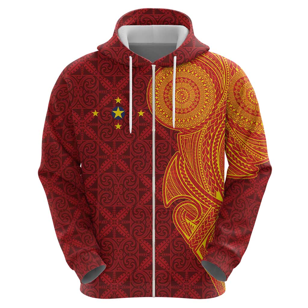 Niue Polynesian Hiapo Tattoo Art Zip Hoodie Half Style Red Yellow Color - Polynesian Pride