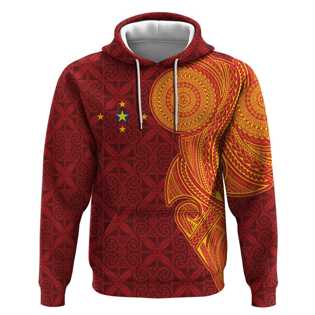 Niue Polynesian Hiapo Tattoo Art Zip Hoodie Half Style Red Yellow Color - Polynesian Pride