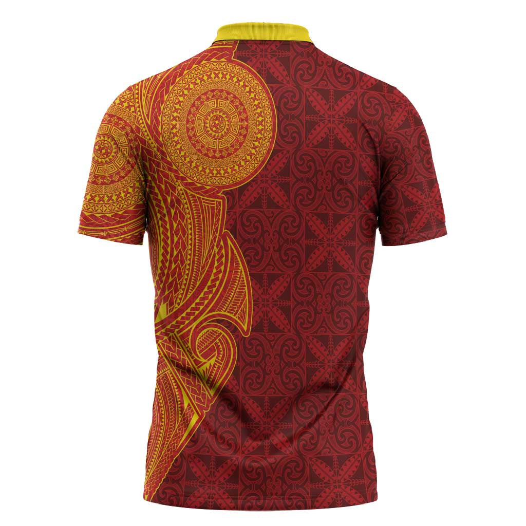 Niue Polynesian Hiapo Tattoo Art Zipper Polo Shirt Half Style Red Yellow Color - Polynesian Pride