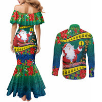 New Caledonia Christmas Couples Matching Mermaid Dress and Long Sleeve Button Shirt Santa Claus and Kanak Flag Mix Poinsettia Maori Pattern LT03 - Polynesian Pride