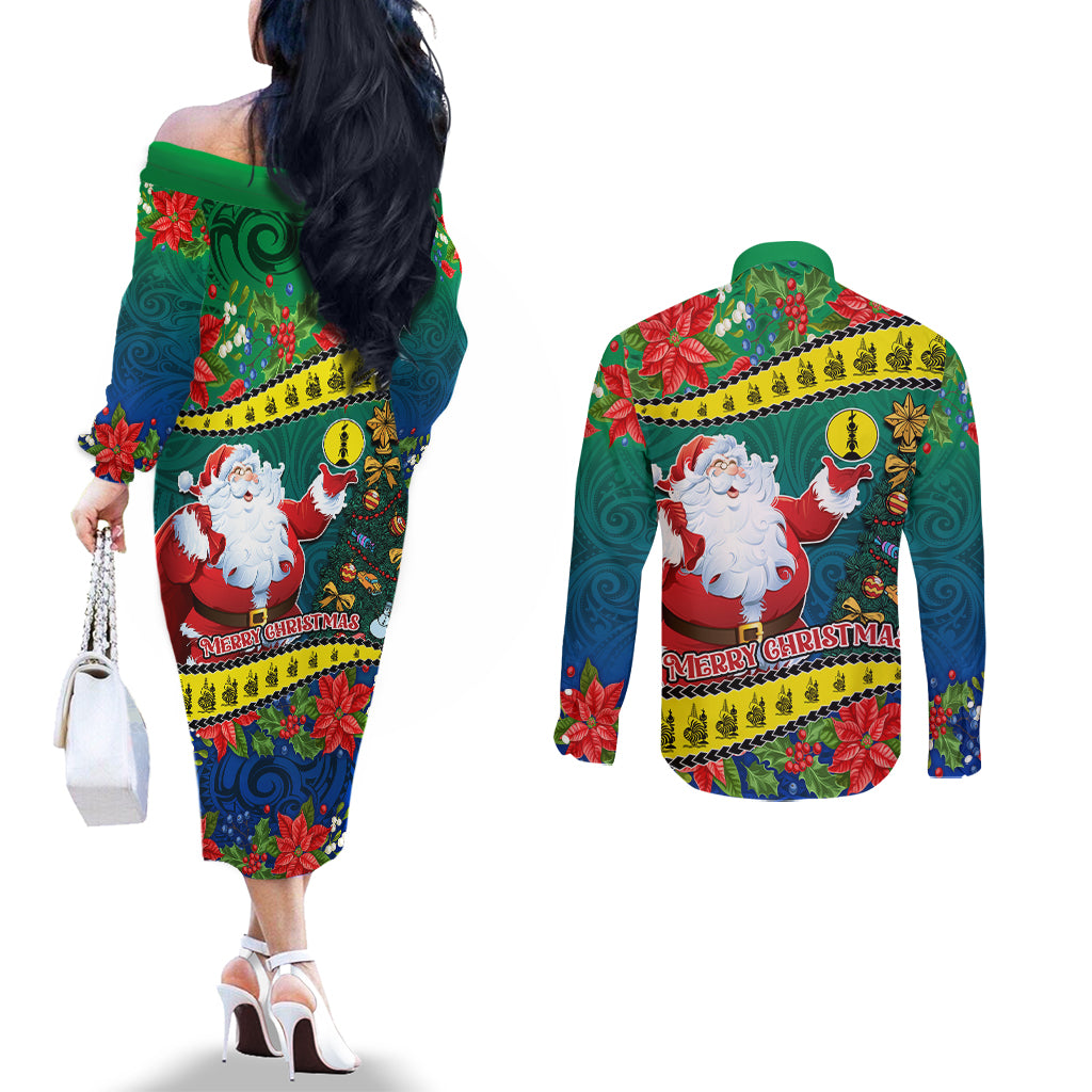 New Caledonia Christmas Couples Matching Off The Shoulder Long Sleeve Dress and Long Sleeve Button Shirt Santa Claus and Kanak Flag Mix Poinsettia Maori Pattern LT03 - Polynesian Pride