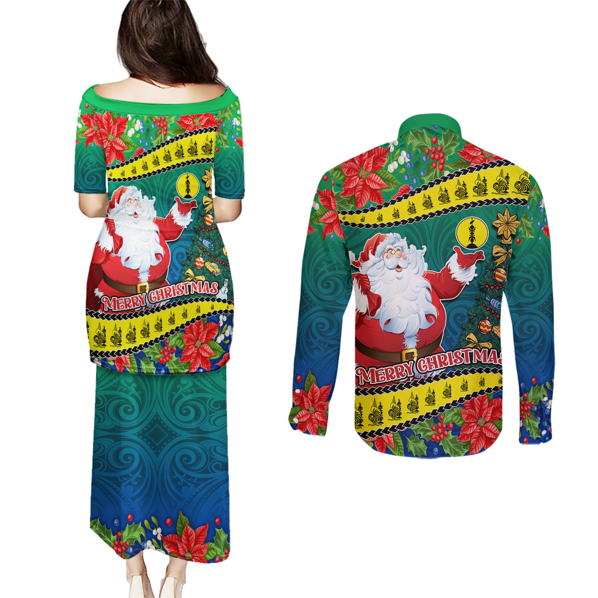 New Caledonia Christmas Couples Matching Puletasi Dress and Long Sleeve Button Shirt Santa Claus and Kanak Flag Mix Poinsettia Maori Pattern LT03 - Polynesian Pride
