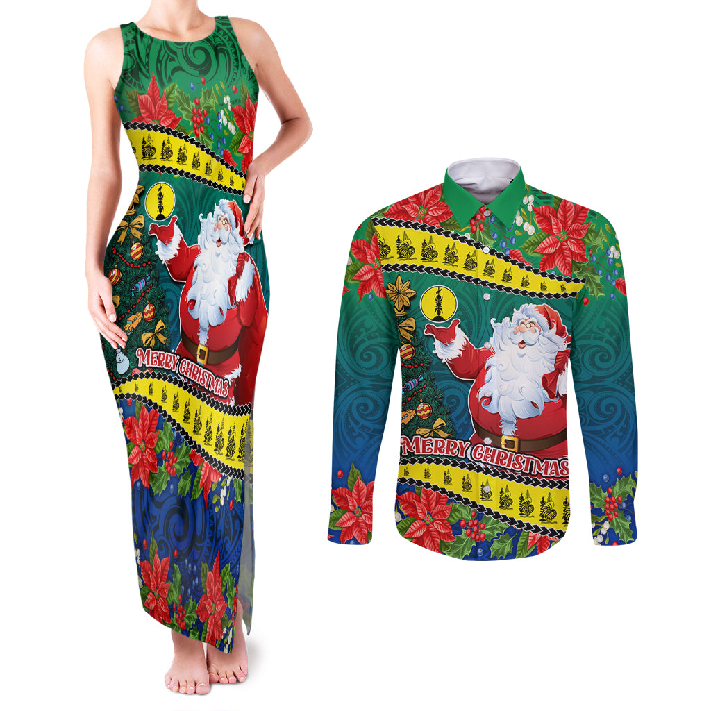 New Caledonia Christmas Couples Matching Tank Maxi Dress and Long Sleeve Button Shirt Santa Claus and Kanak Flag Mix Poinsettia Maori Pattern LT03 Green - Polynesian Pride