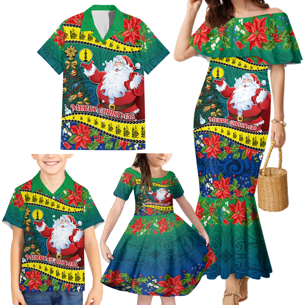 New Caledonia Christmas Family Matching Mermaid Dress and Hawaiian Shirt Santa Claus and Kanak Flag Mix Poinsettia Maori Pattern LT03 - Polynesian Pride