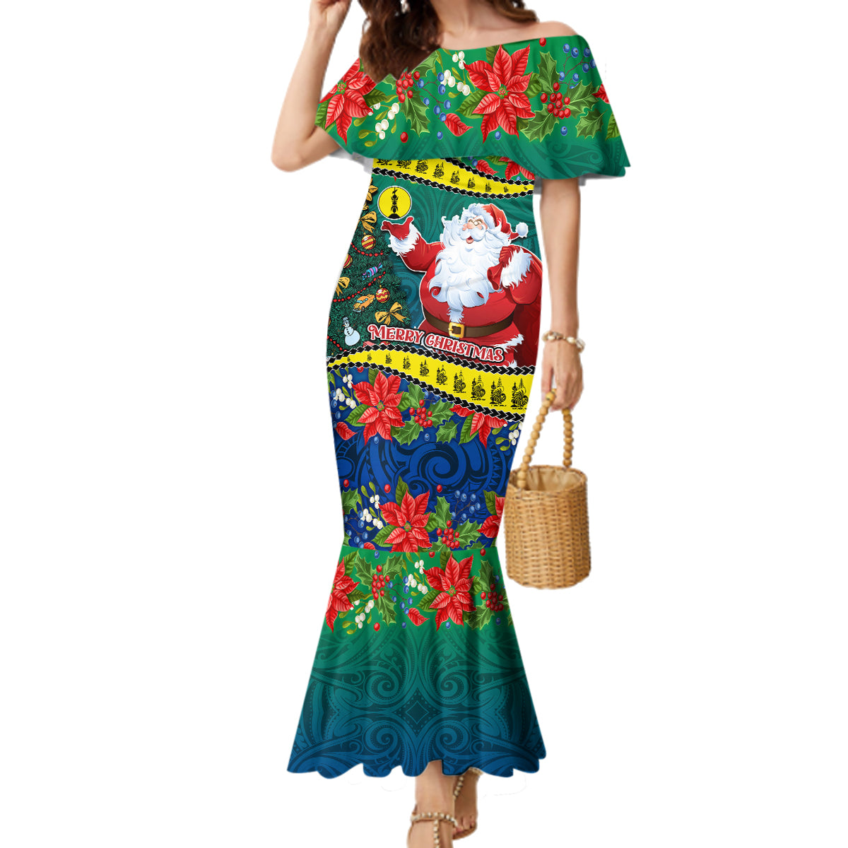 New Caledonia Christmas Family Matching Mermaid Dress and Hawaiian Shirt Santa Claus and Kanak Flag Mix Poinsettia Maori Pattern LT03 Mom's Dress Green - Polynesian Pride