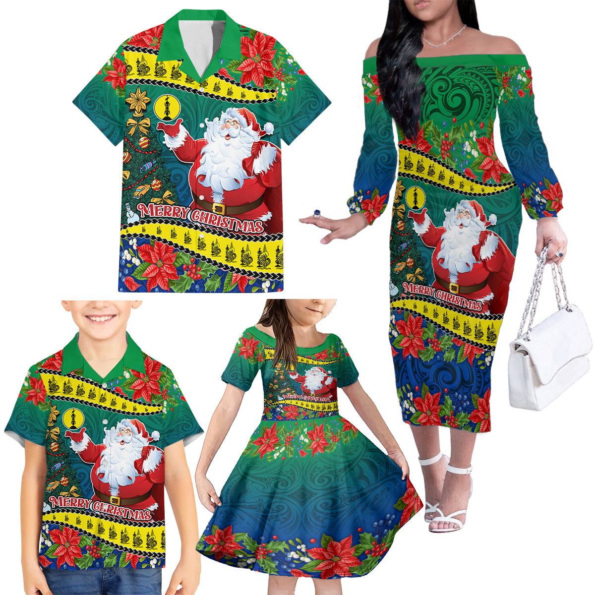 New Caledonia Christmas Family Matching Off Shoulder Long Sleeve Dress and Hawaiian Shirt Santa Claus and Kanak Flag Mix Poinsettia Maori Pattern LT03 - Polynesian Pride