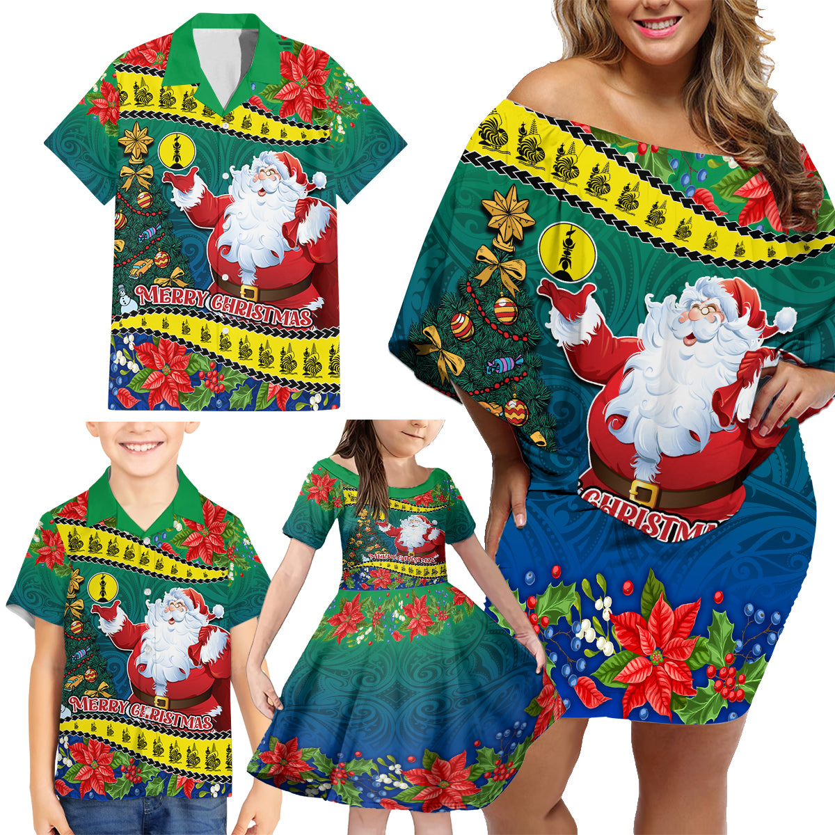 New Caledonia Christmas Family Matching Off Shoulder Short Dress and Hawaiian Shirt Santa Claus and Kanak Flag Mix Poinsettia Maori Pattern LT03 - Polynesian Pride